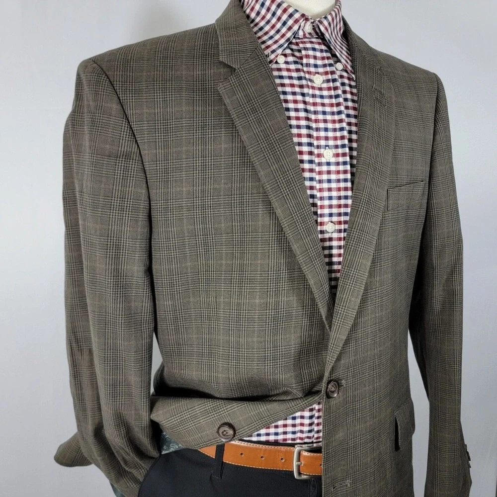 Haggar Mens Sport Coat Blazer Two Button Brown Plaid Cotton Poly Rayon Blend 44L